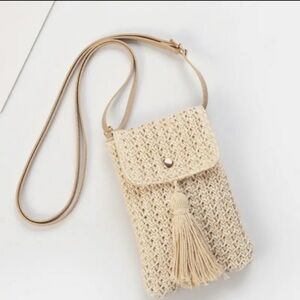 Beige Woven Crossbody Bag with Tassel